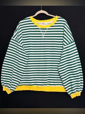 Striped Crewneck Sweater in Green & White with Yellow Trim - UEU